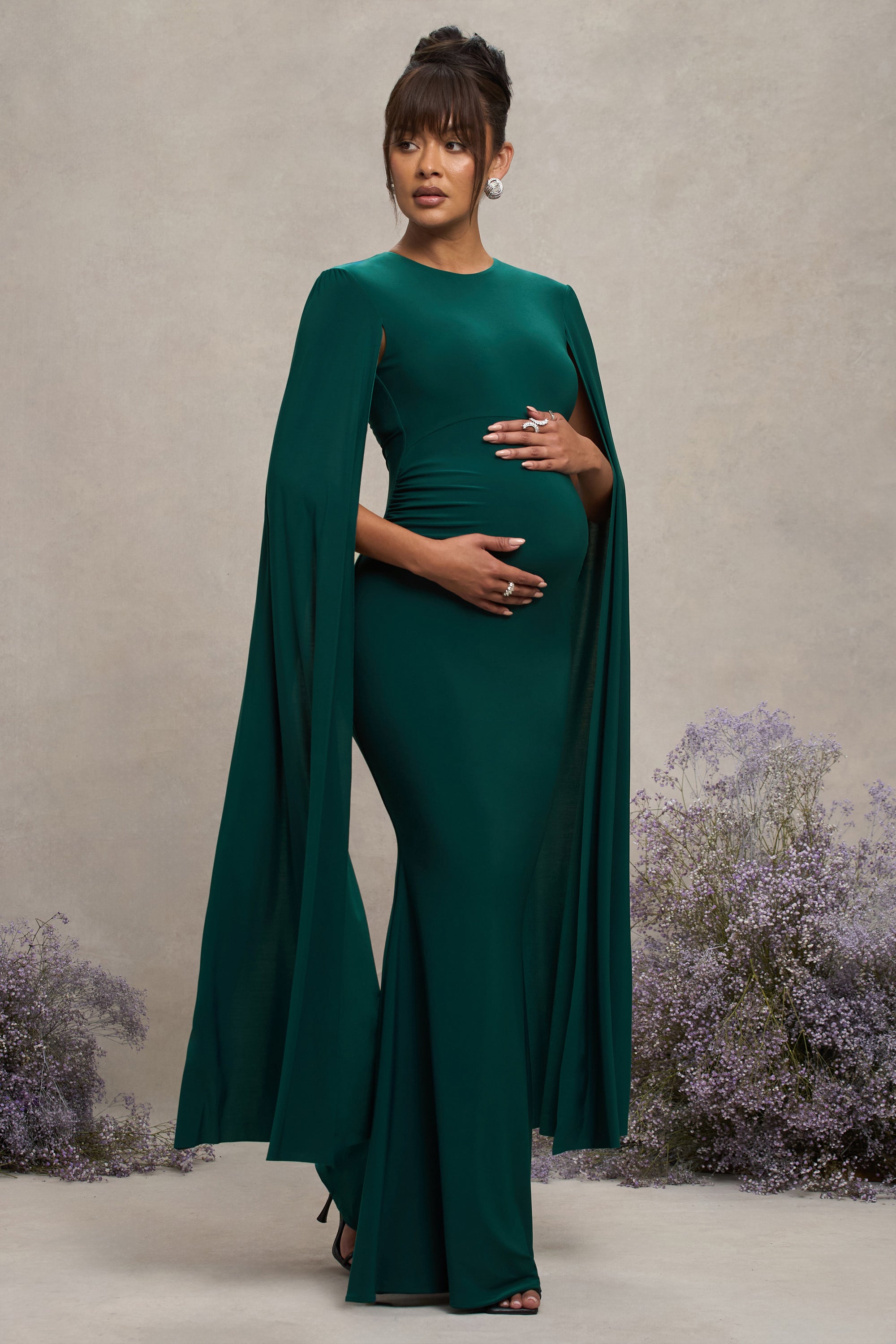 Divine Timing | Bottle Green Maternity Maxi Dress With Cape Sleeves - Club L 