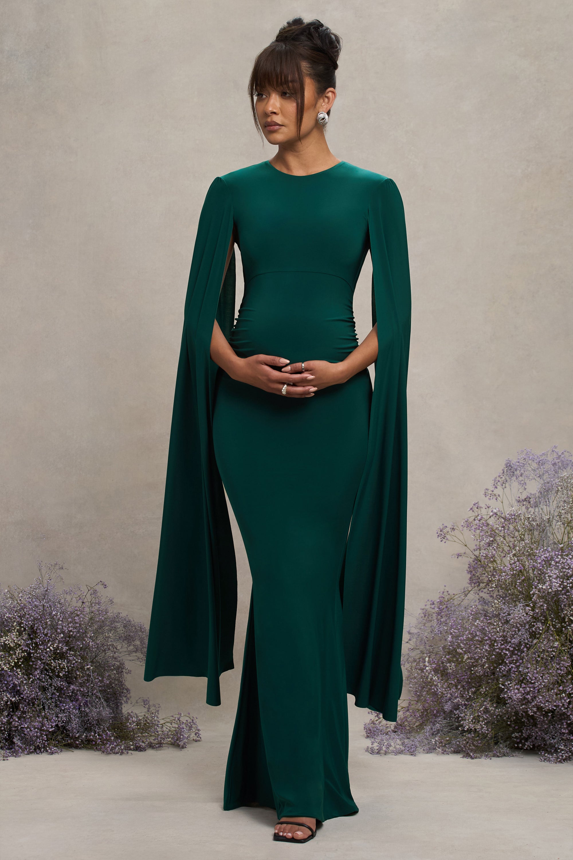 Divine Timing | Bottle Green Maternity Maxi Dress With Cape Sleeves - Club L 