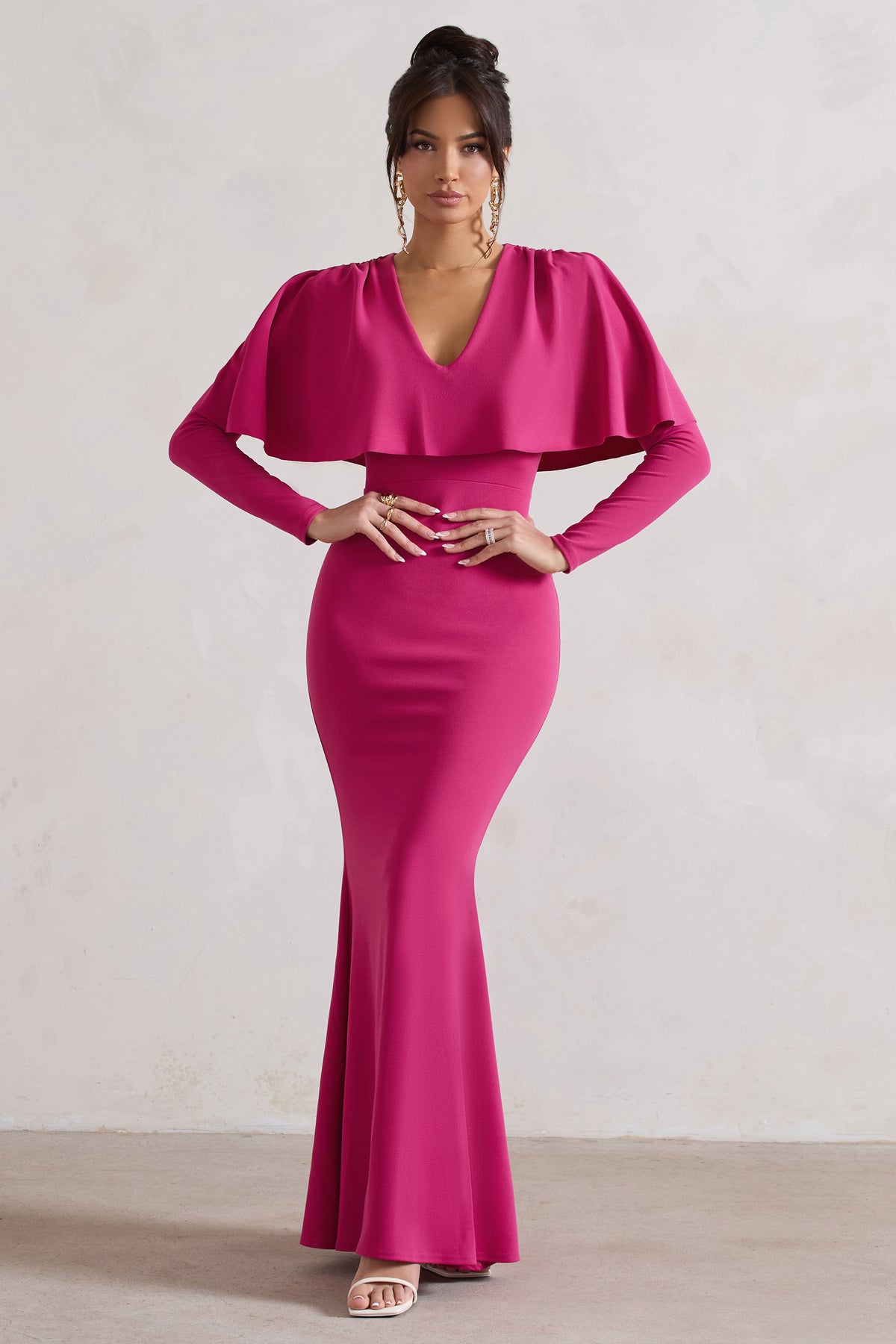 Dalia Dark Pink V-Neck Draped Long Sleeve Maxi Dress – Club L London - UK