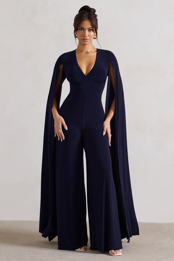 Emmanuela Navy Plunge-Neck Wide-Leg Jumpsuit With Cape Sleeves 