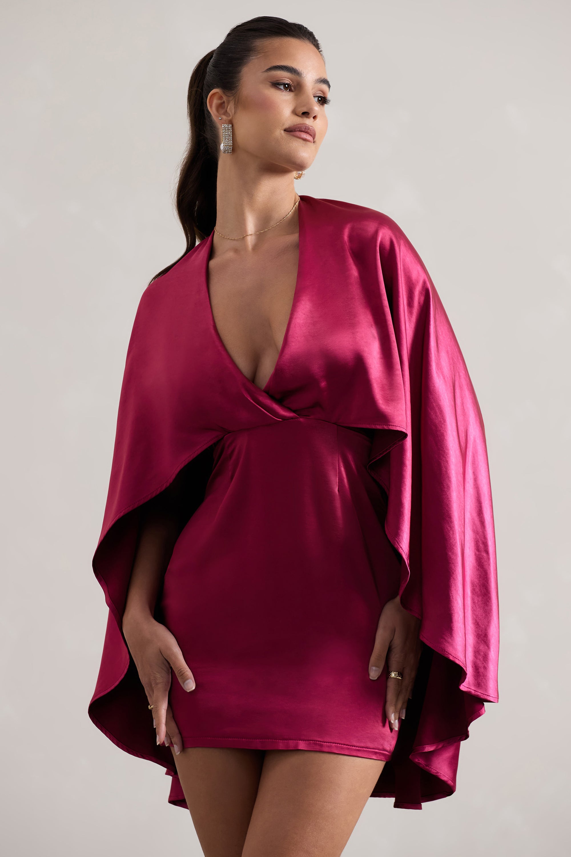 Olsen | Raspberry Satin Plunge-Neck Cape Mini Dress - Club L 