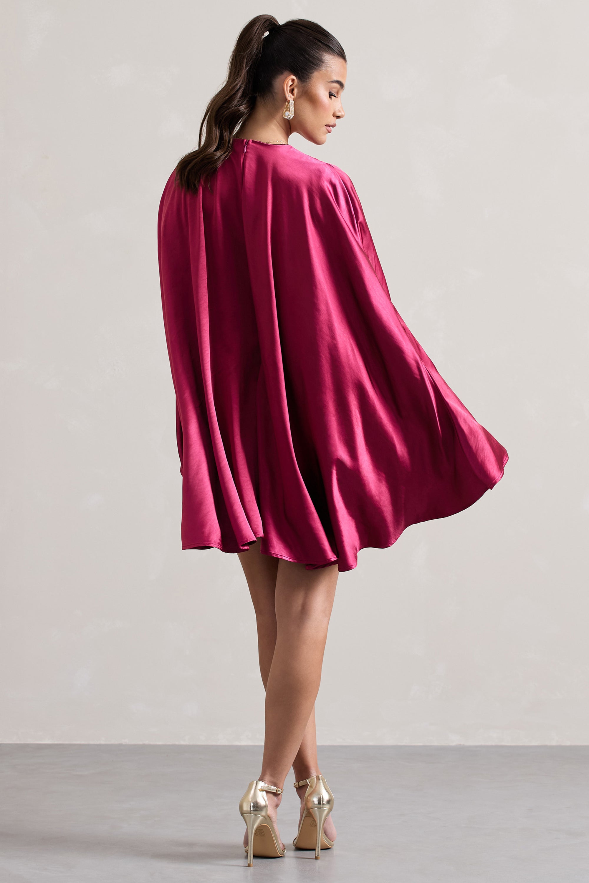 Olsen | Raspberry Satin Plunge-Neck Cape Mini Dress - Club L 