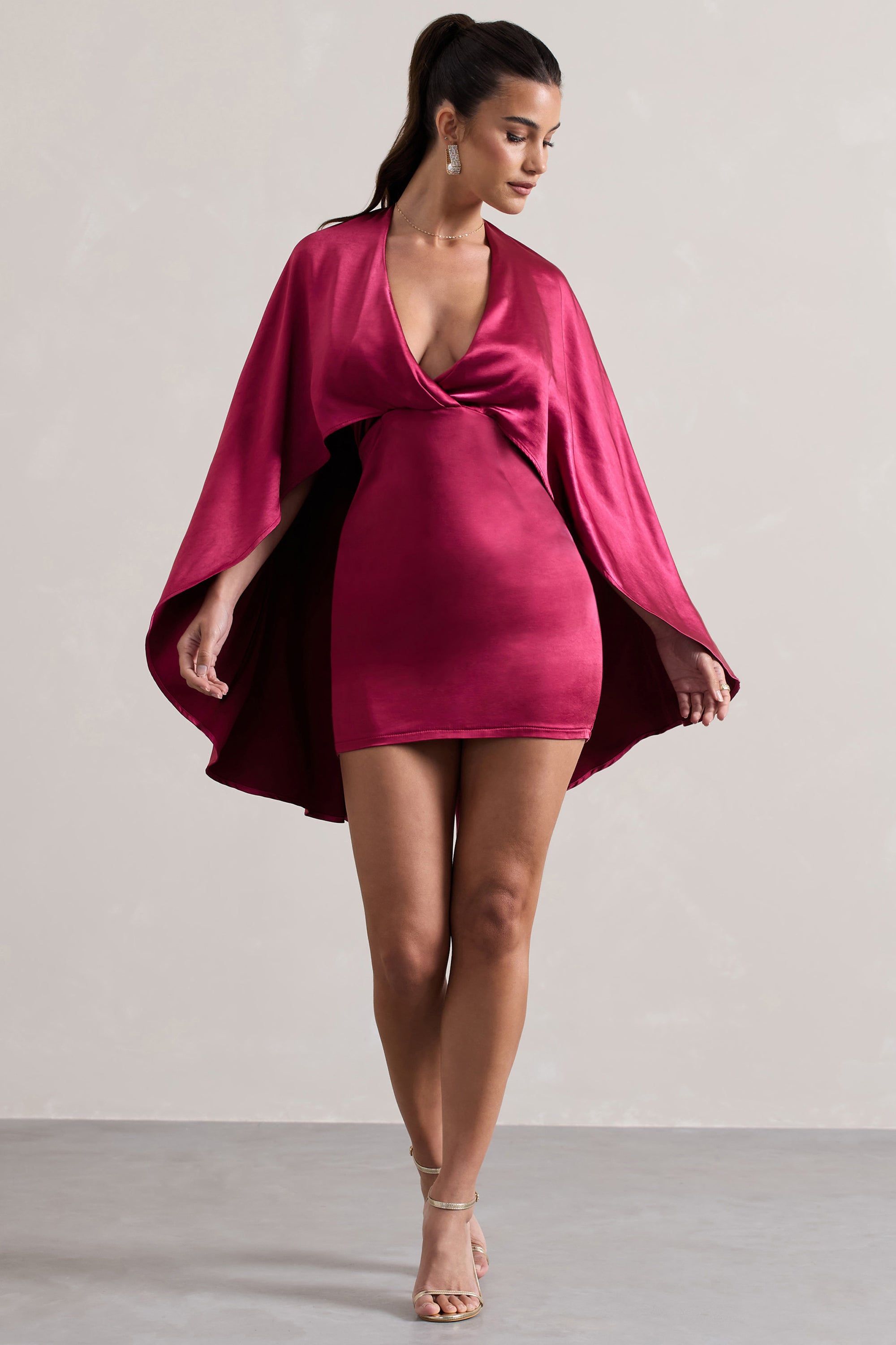 Olsen | Raspberry Satin Plunge-Neck Cape Mini Dress - Club L 