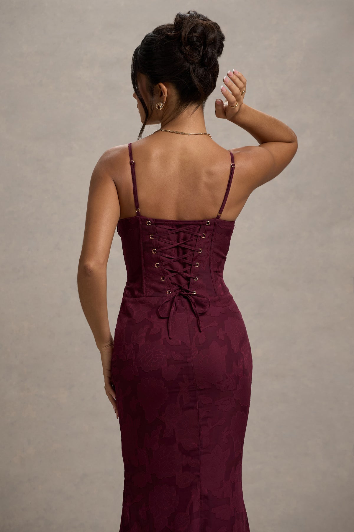 Intimacy Plum Lace Corset Split Maxi Dress Club L London UK intimacy-plum-lace-corset-split-maxi-dress-club-l-london-uk