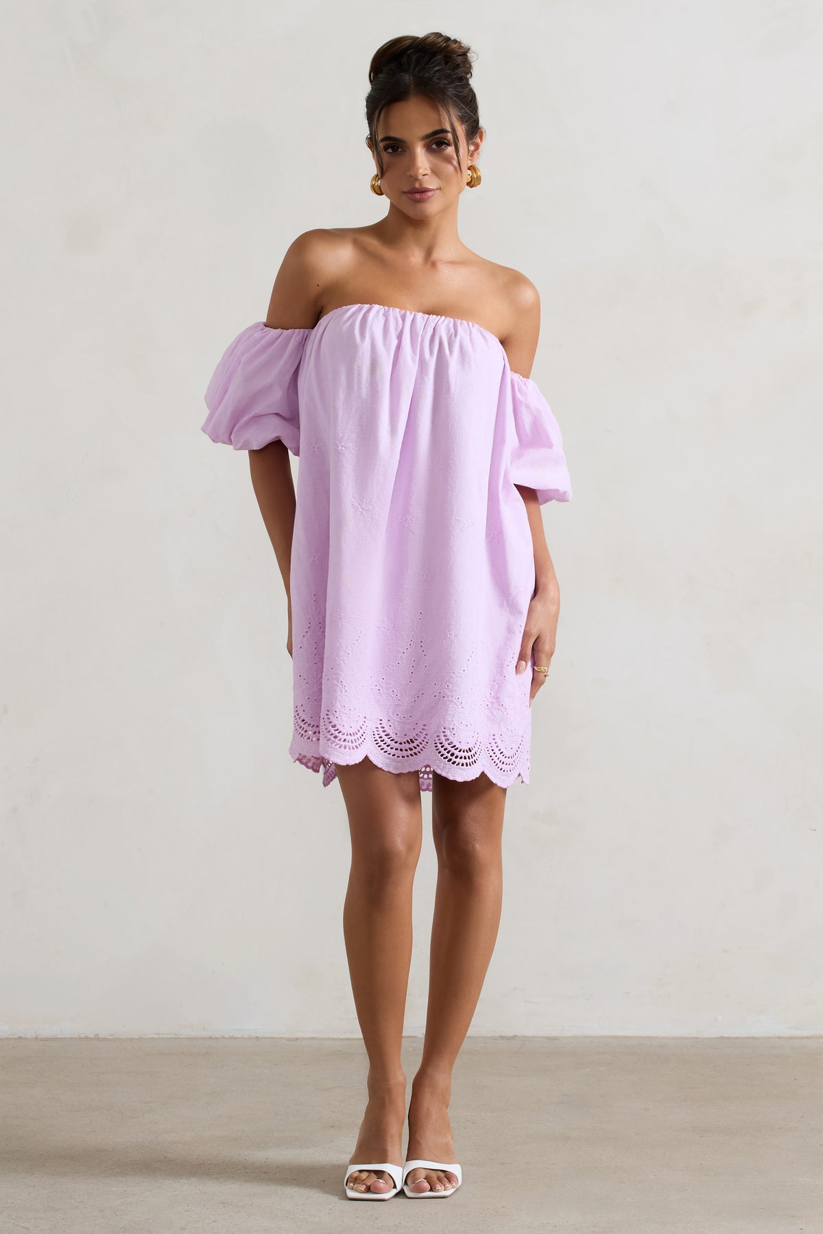 Wendy | Lilac Poplin Bardot Scallop Trim Smock Mini Dress
