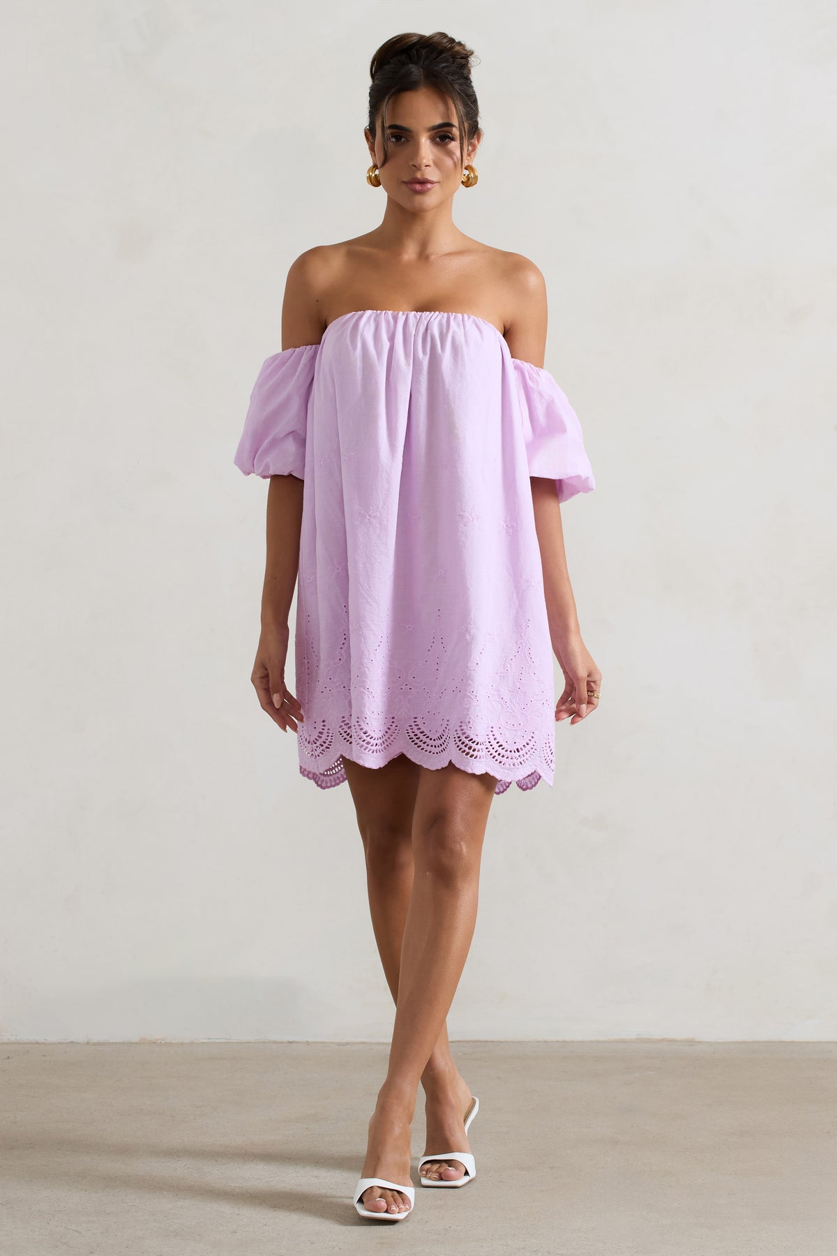 Wendy | Lilac Poplin Bardot Scallop Trim Smock Mini Dress