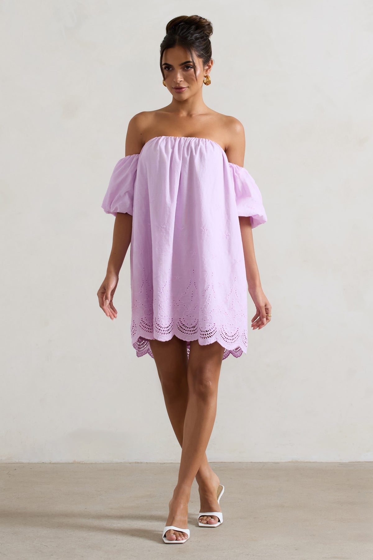 Wendy | Lilac Poplin Bardot Scallop Trim Smock Mini Dress
