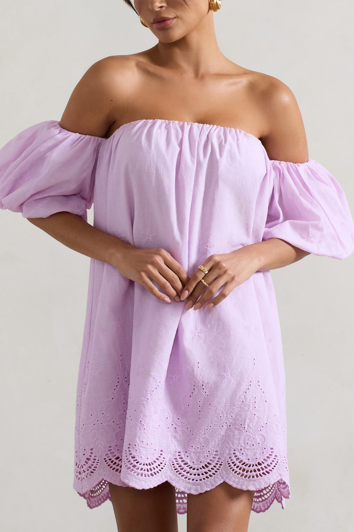 Wendy | Lilac Poplin Bardot Scallop Trim Smock Mini Dress