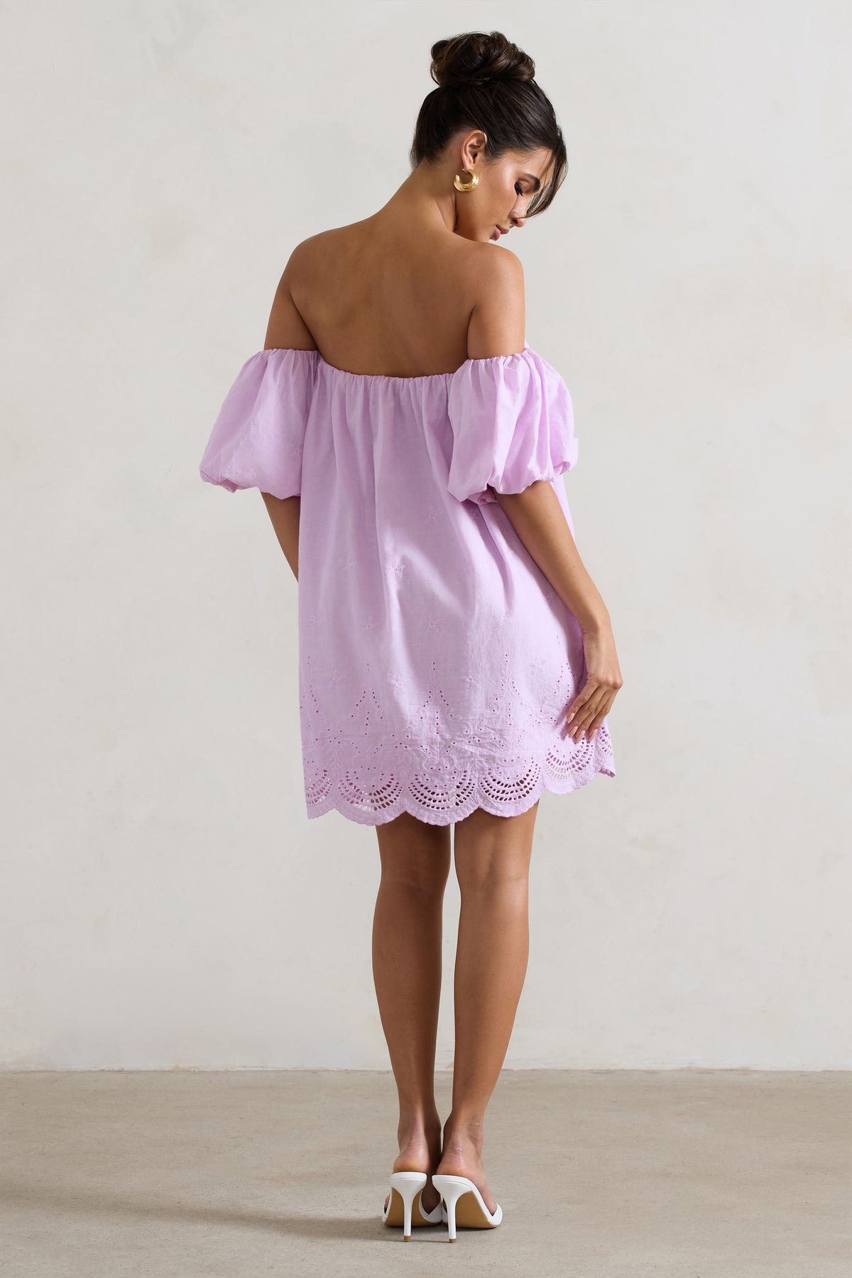 Wendy | Lilac Poplin Bardot Scallop Trim Smock Mini Dress