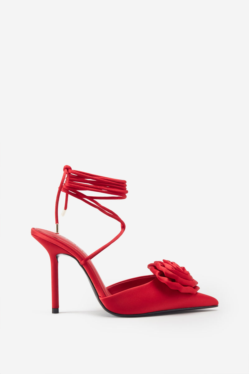 Clearly Red Satin Lace-Up Stiletto Heels With Flowers – Club L London - UK