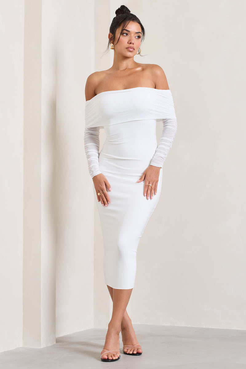 Only You Ivory Ruched Mesh Bardot Midi Dress Club L London UK