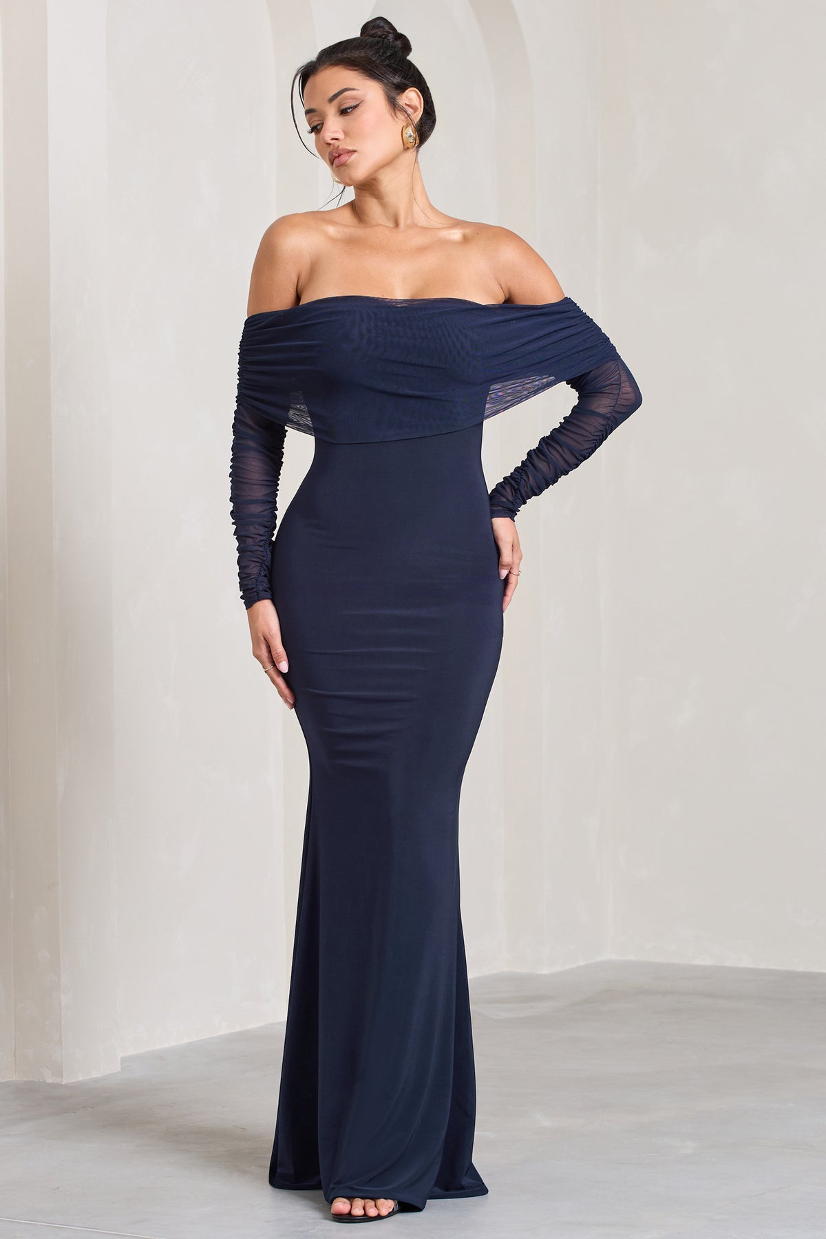 Madeleine Navy Fishtail Maxi Dress With Bardot Mesh Long Sleeves – Club ...