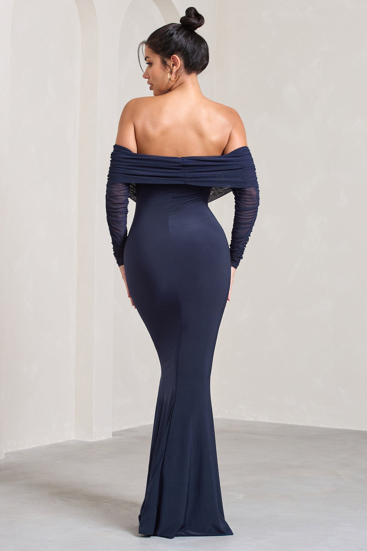 Club L London - UK Madeleine | Navy Fishtail Maxi Dress with Bardot Mesh Long Sleeves US 0 / Navy