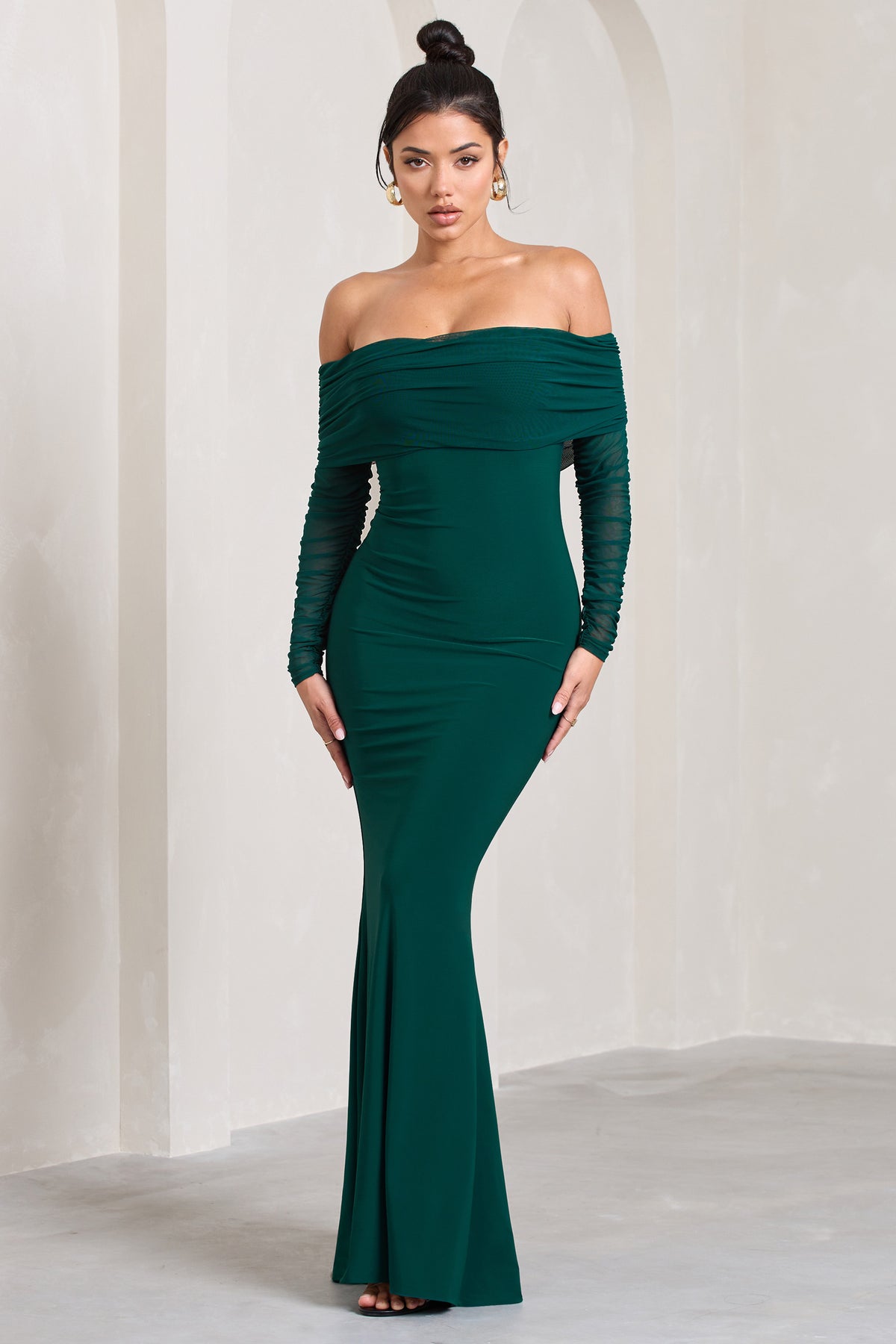 Madeleine Bottle Green Fishtail Maxi Dress With Bardot Mesh Long Sle ...