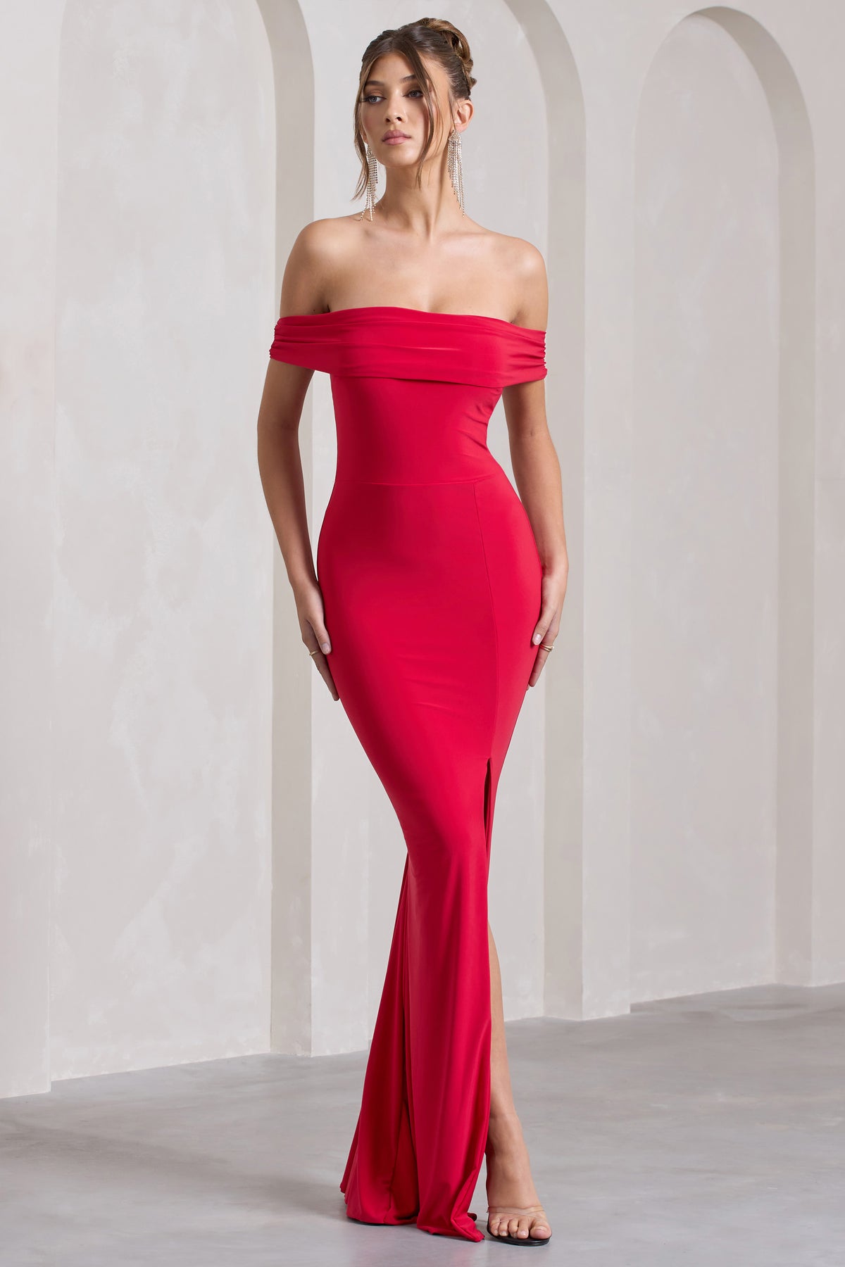 Red bardot maxi dress uk Clearance