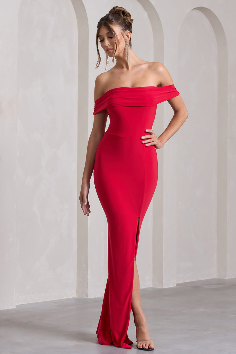 Law of Attraction Red Bardot Draped Split Maxi Dress – Club L London - UK