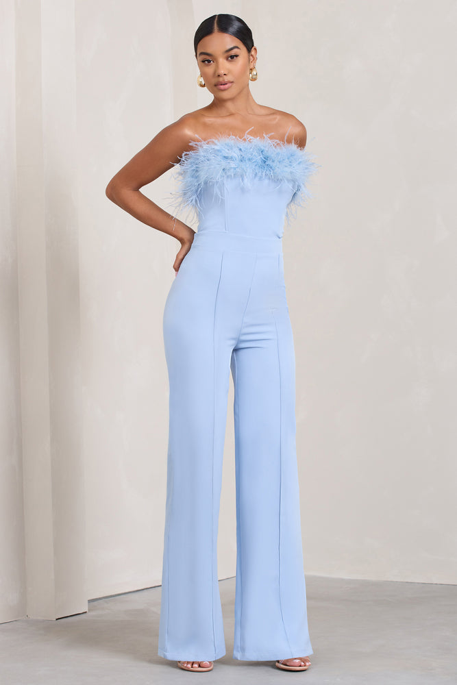 First Class Blue Bandeau Feather Wide Leg jumpsuit – Club L