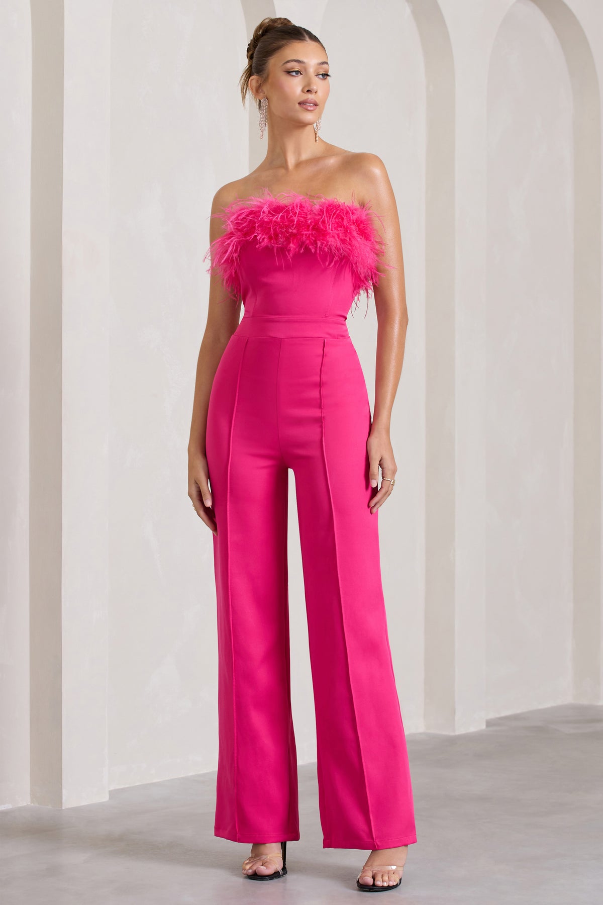 First Class Hot Pink Bandeau Feather Wide Leg Jumpsuit – Club L London - UK