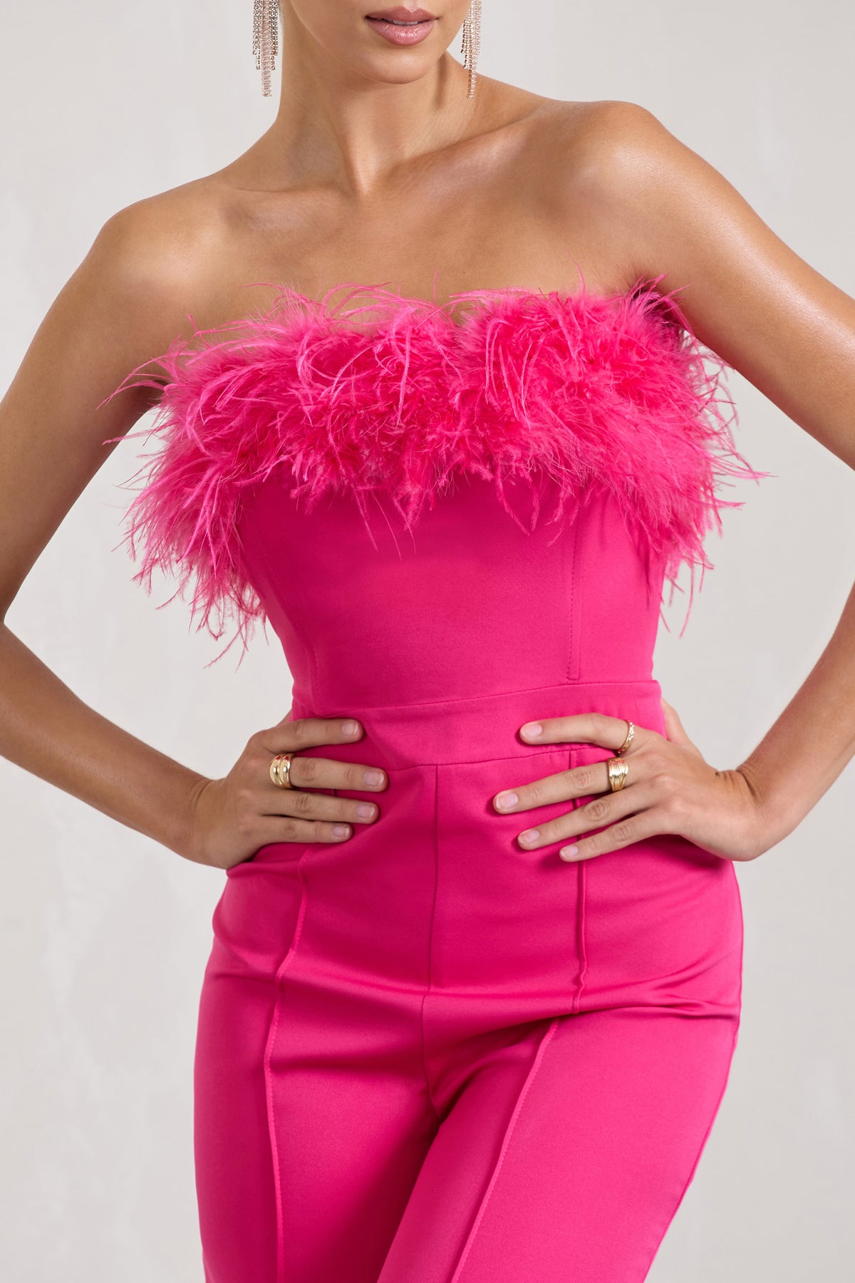 First Class Hot Pink Bandeau Feather Wide Leg Jumpsuit – Club L London - UK
