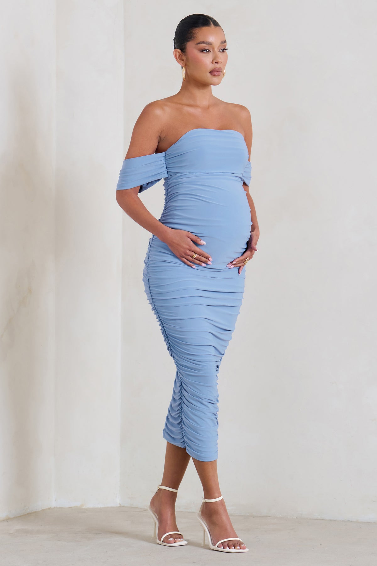 Desired Powder Blue Maternity Cami Strap Knot Ruched Midi Dress – Club L  London - UK