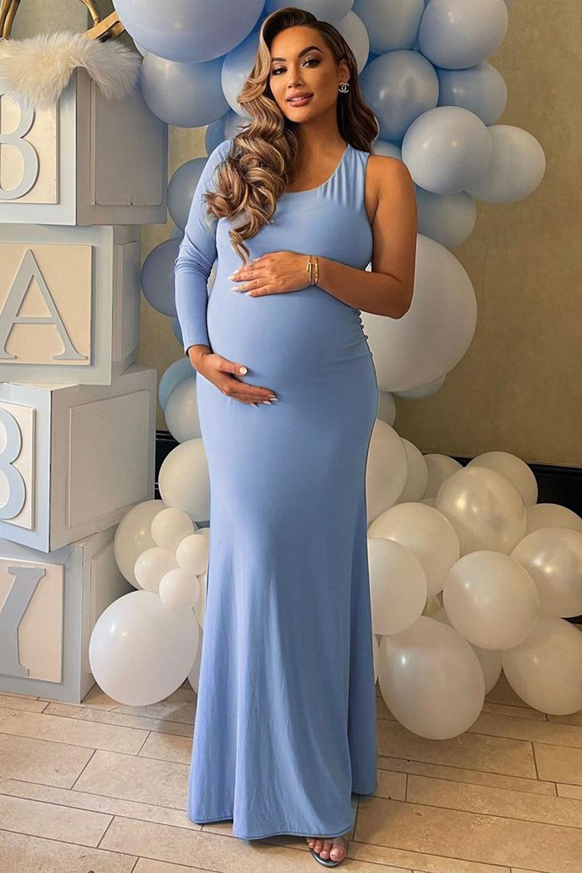 Oh Baby Powder Blue Maternity One Shoulder Bodycon Maxi Dress – Club L ...