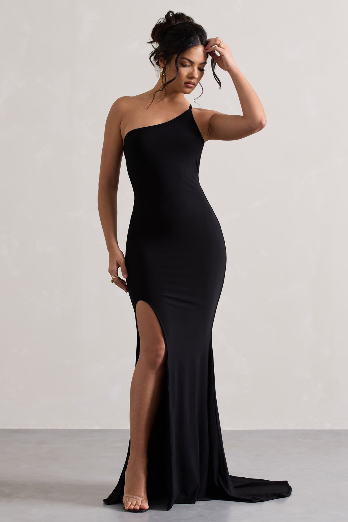 Belle Black One Shoulder Fishtail Maxi Dress Club L London UK