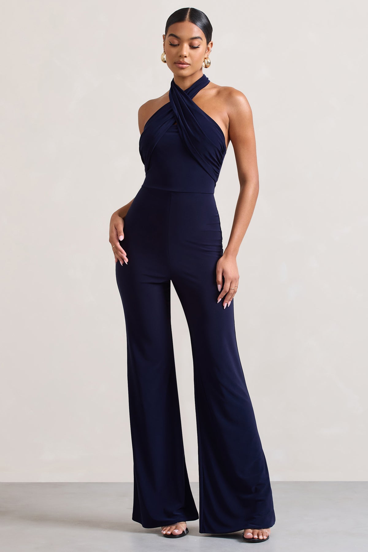 Goddess Navy Halter Neck Flare Jumpsuit – Club L London - UK