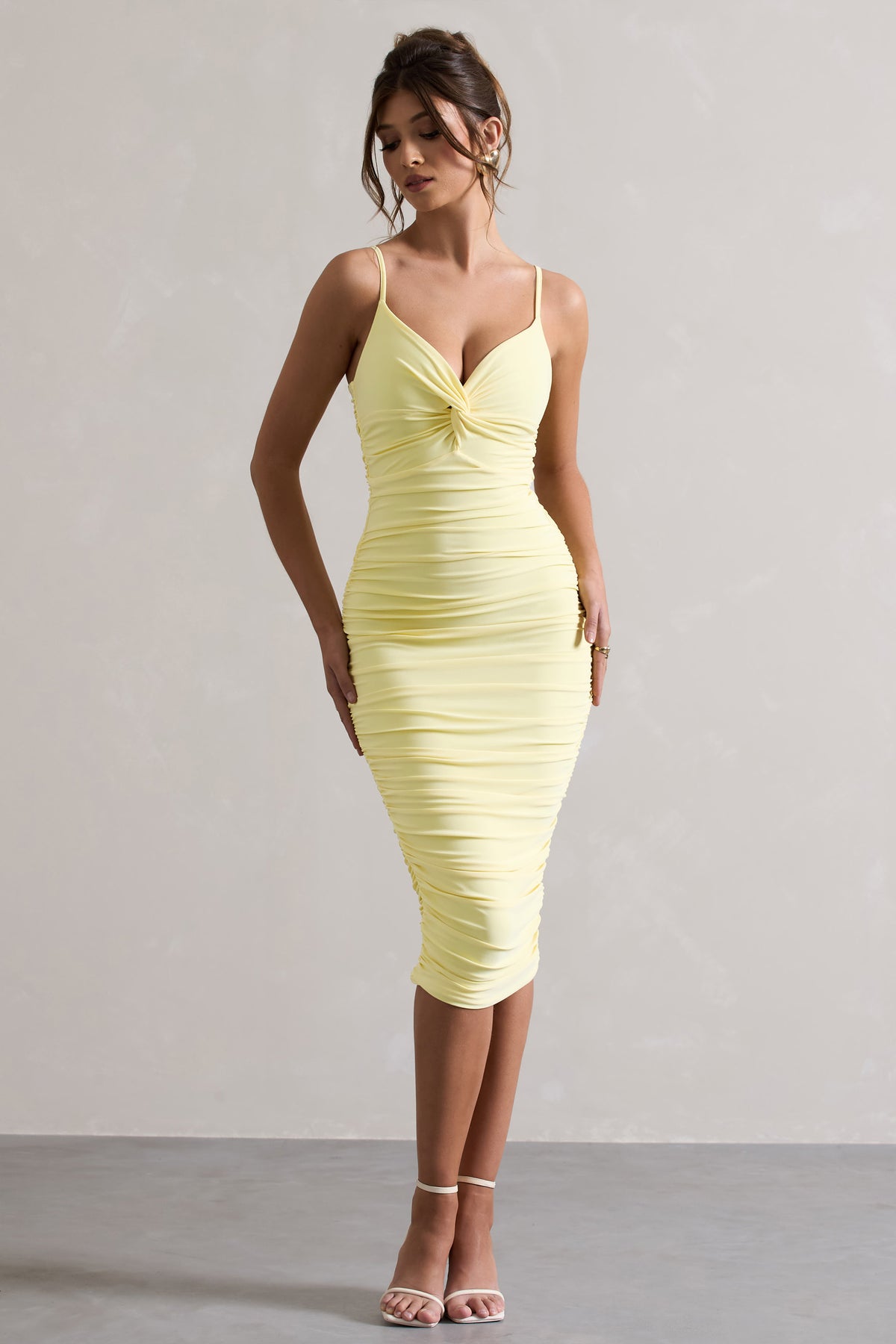 Desired Lemon Knot Detail Ruched Midi Dress Club L London UK