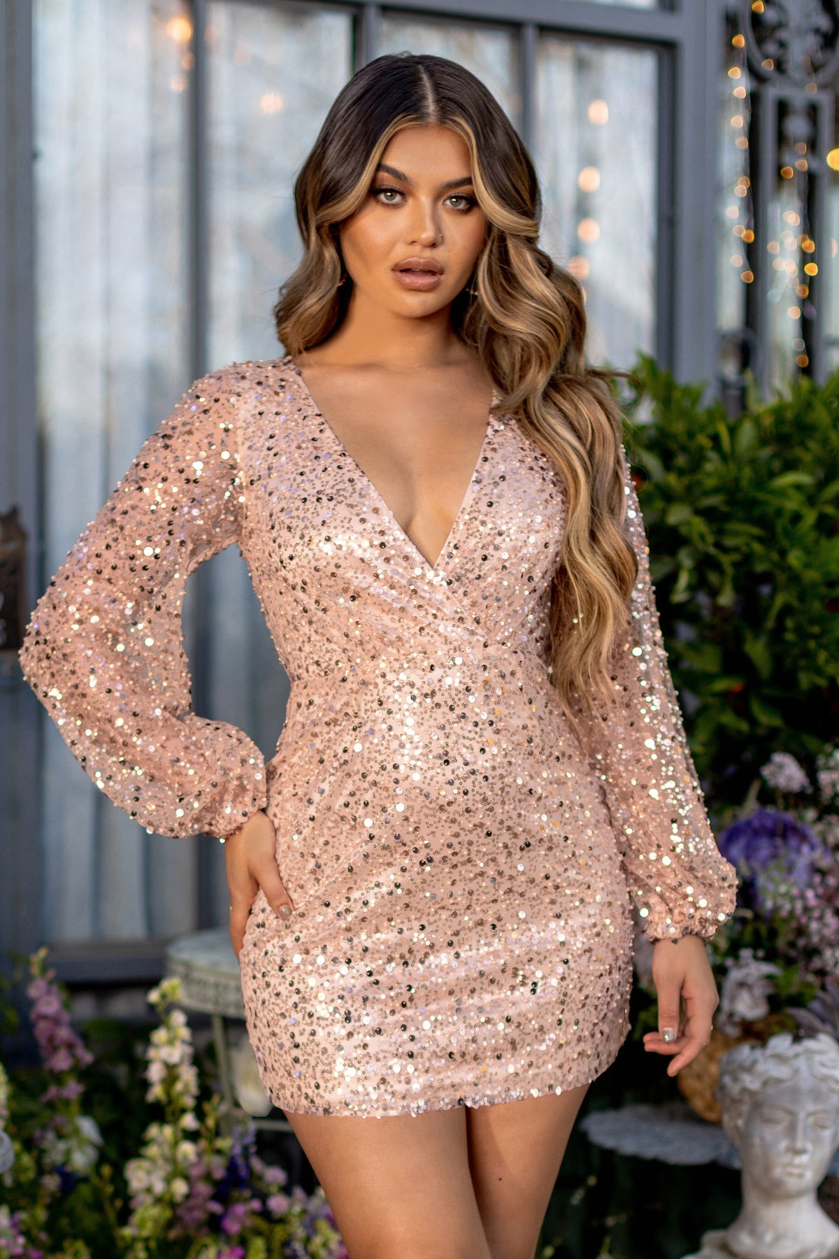 Bling Petite Rose Gold Sequin Wrap Front Mini With Blouson Sleeves – Club L  London - UK