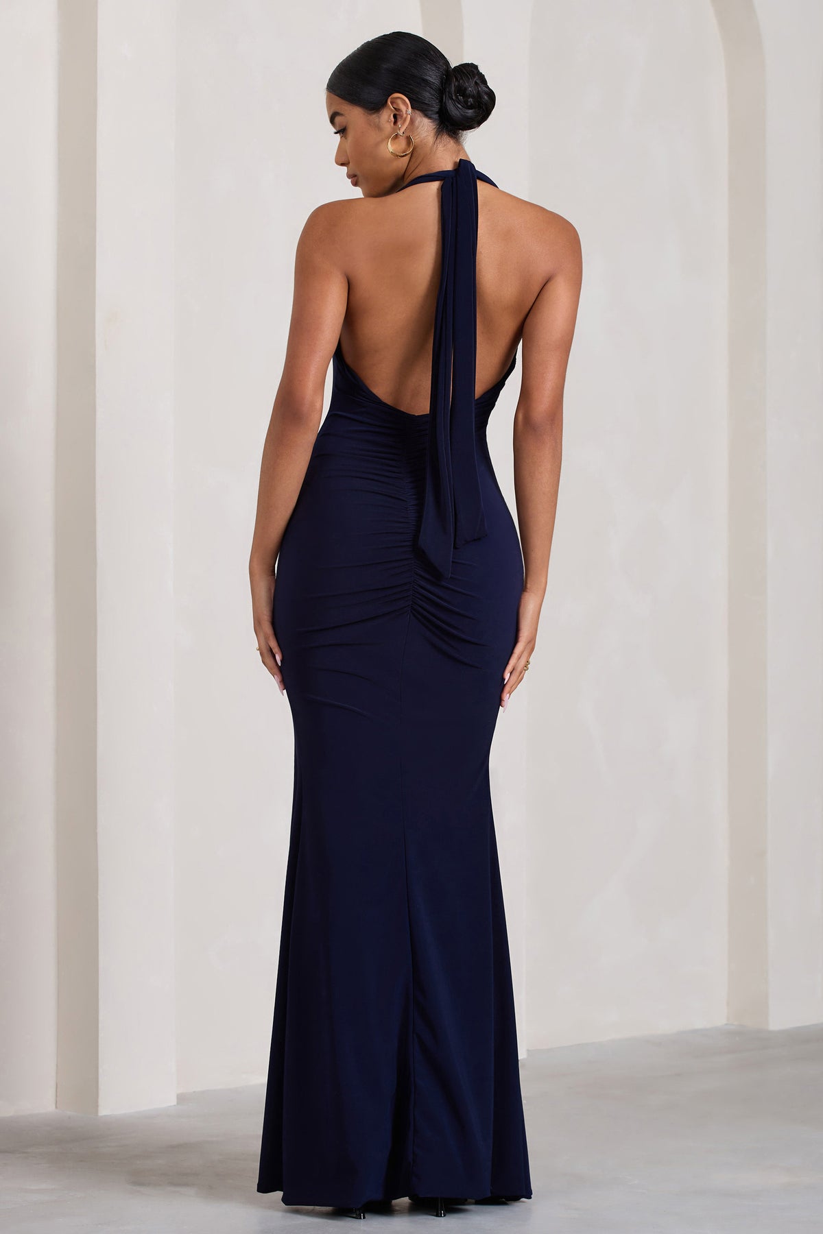 Glamour Navy Backless V Plunge Halter Neck Maxi Dress With Side Spli ...