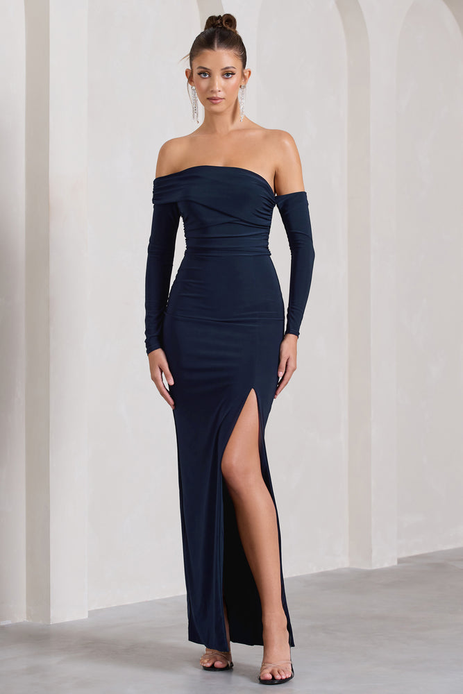 Stand Out Navy Bardot Ruched Maxi With Sleeves And Side Split – Club L ...