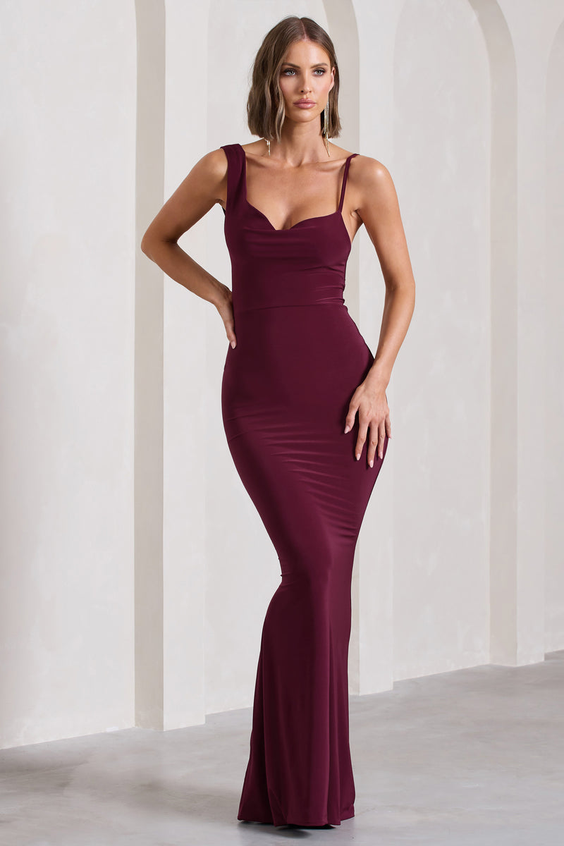 Phantasy Burgundy Asymmetric Neckline Cowl Maxi Dress – Club L London - UK