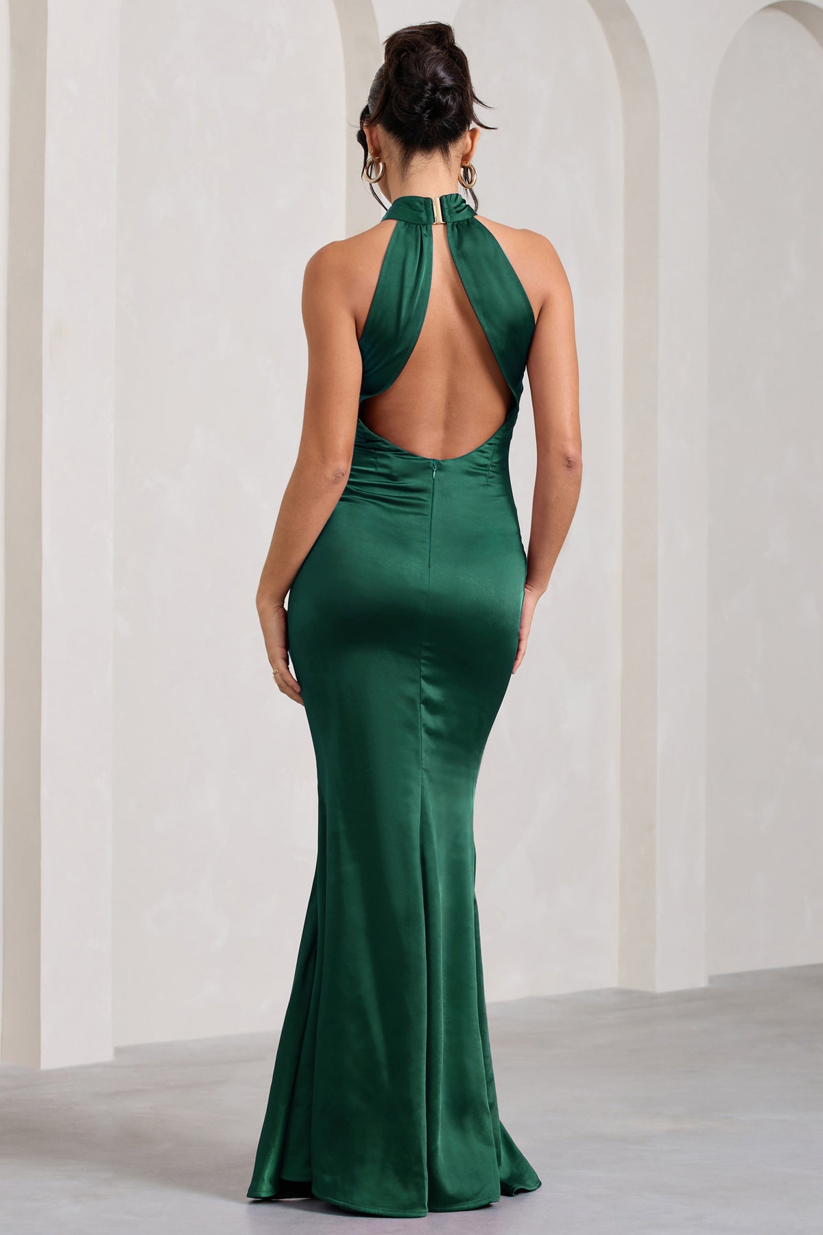 Unstoppable Bottle Green Satin Cross Over Halterneck Maxi Dress