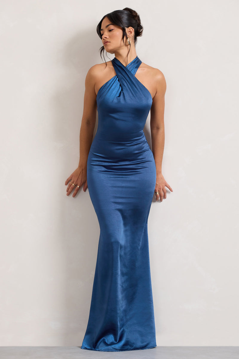 Unstoppable Navy Satin Cross Over Halterneck Maxi Dress – Club L London ...