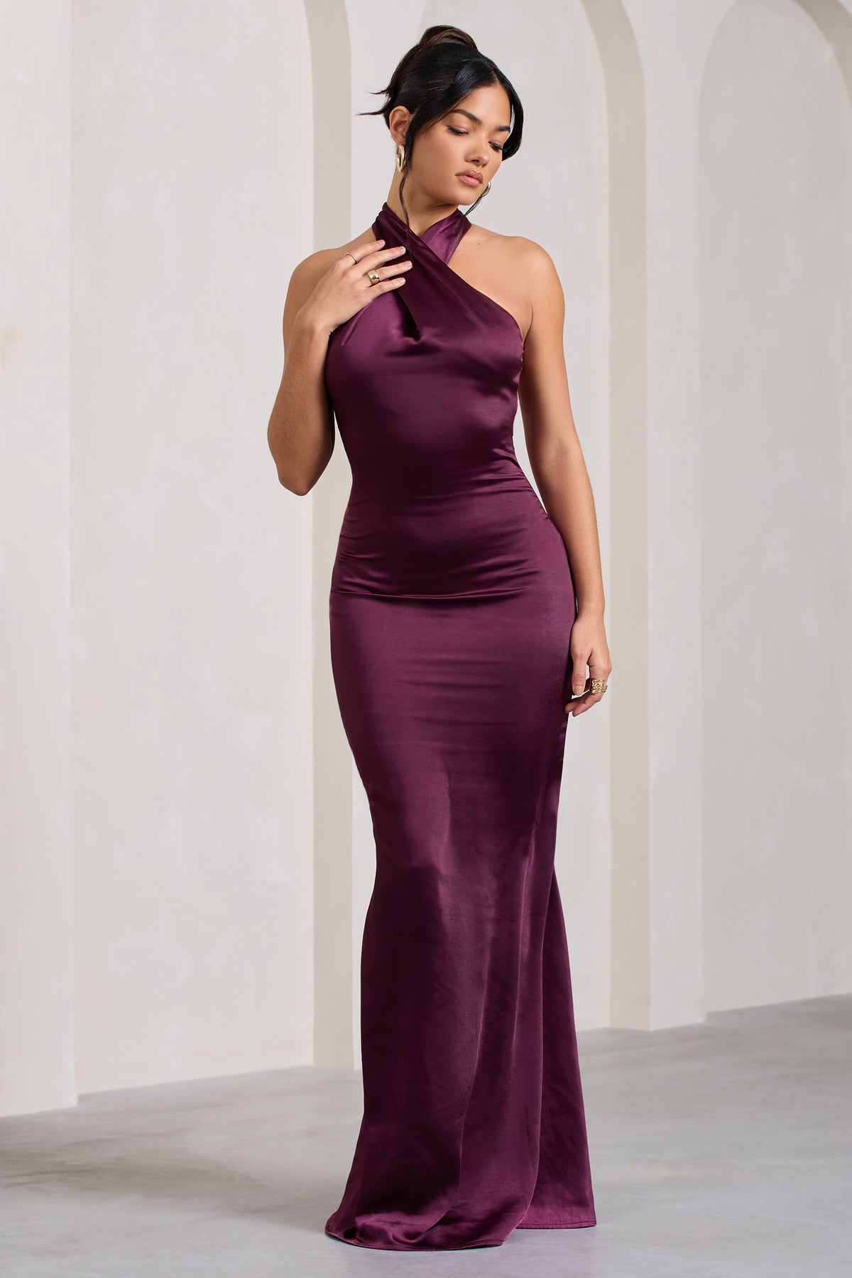 Unstoppable Burgundy Satin Cross Over Halterneck Maxi Dress – Club L ...