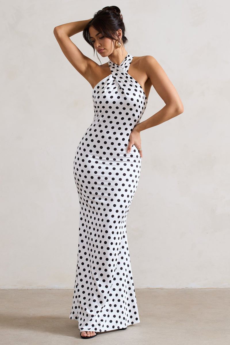 Unstoppable White Polka Dot Satin Cross Over Halter Neck Maxi Dress