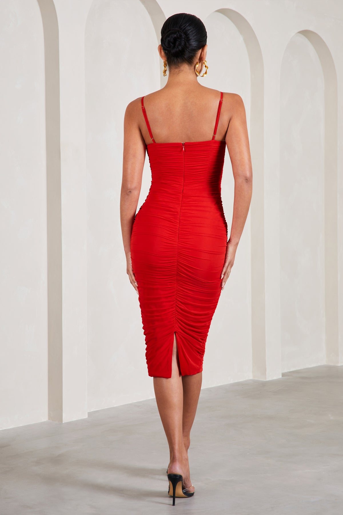 RED FITTED MESH CORSET GOWN