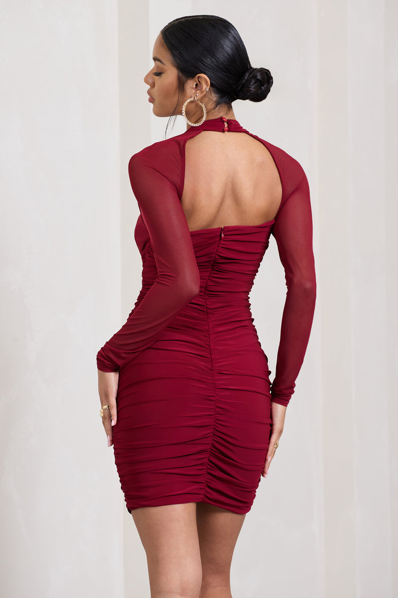 Eyes On You Berry Long Sleeve Halter Neck Mini Dress Club L London UK