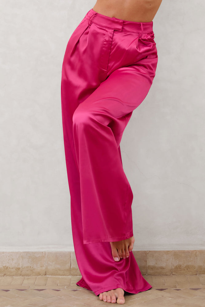 Hot Pink Satin Wide Leg Trouser, Trousers