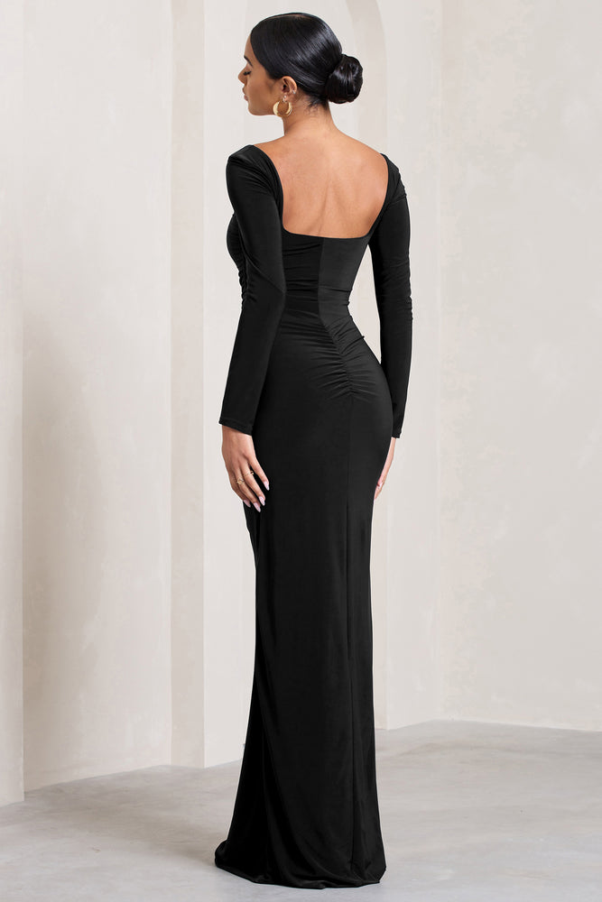 So Sweet Black Square Neck Thigh Split Tailored Maxi Dress – Club L London  - IRE