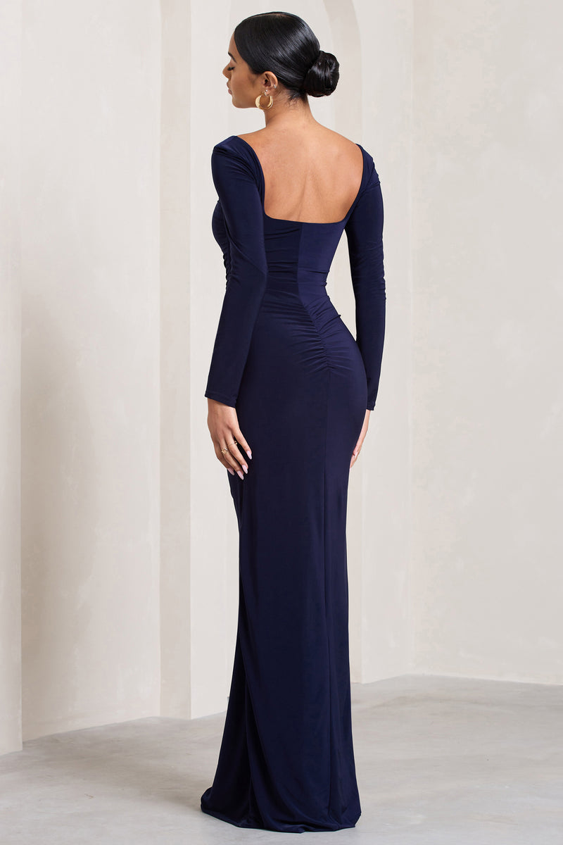 My Pleasure Navy Square Neck Ruched Maxi Dress – Club L London - UK