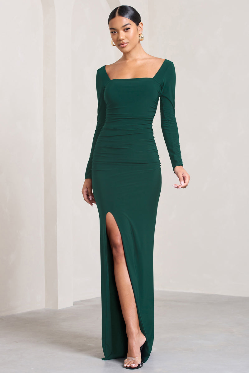 My Pleasure Bottle Green Square Neck Ruched Maxi Dress – Club L London - UK