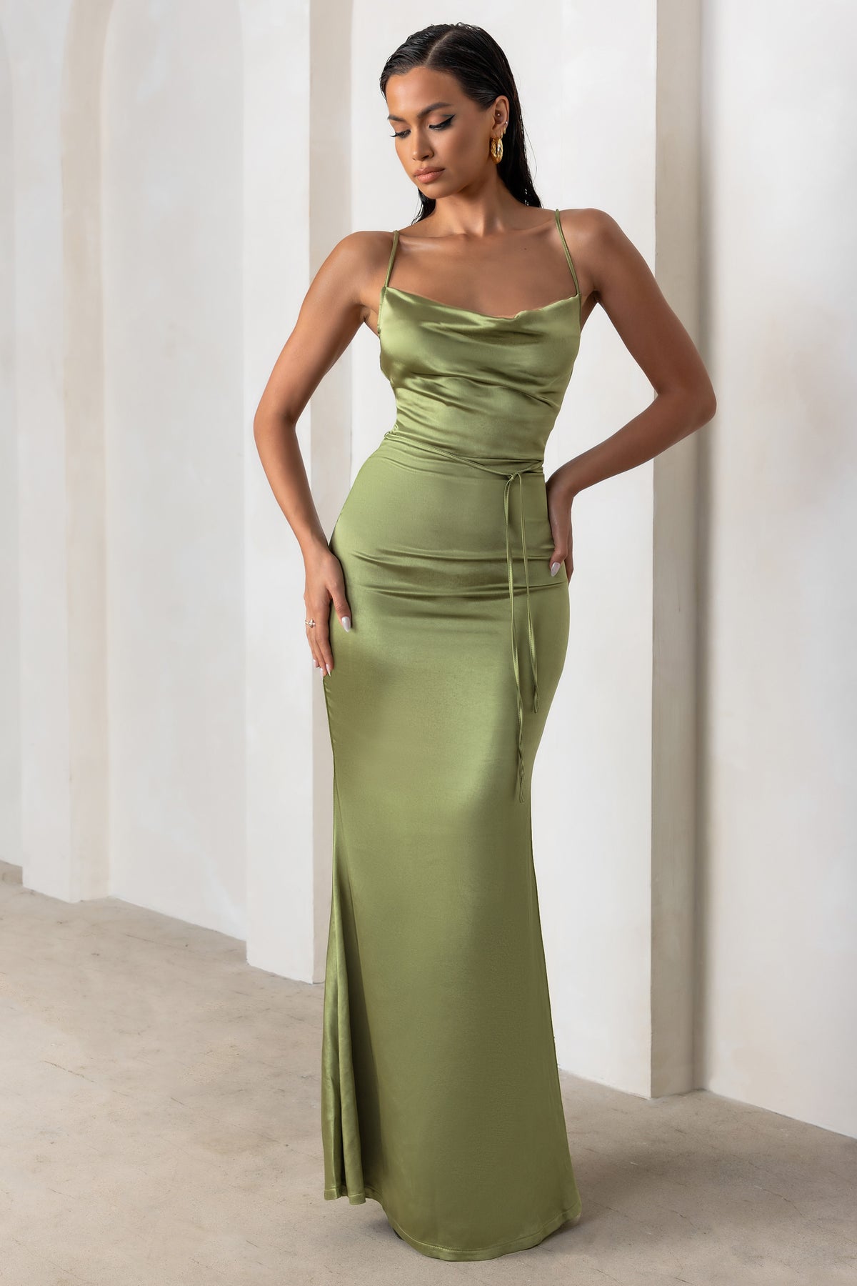 Olive Green Satin Cowl Neck Slip Dress Lifetime Olive Satin Cowl