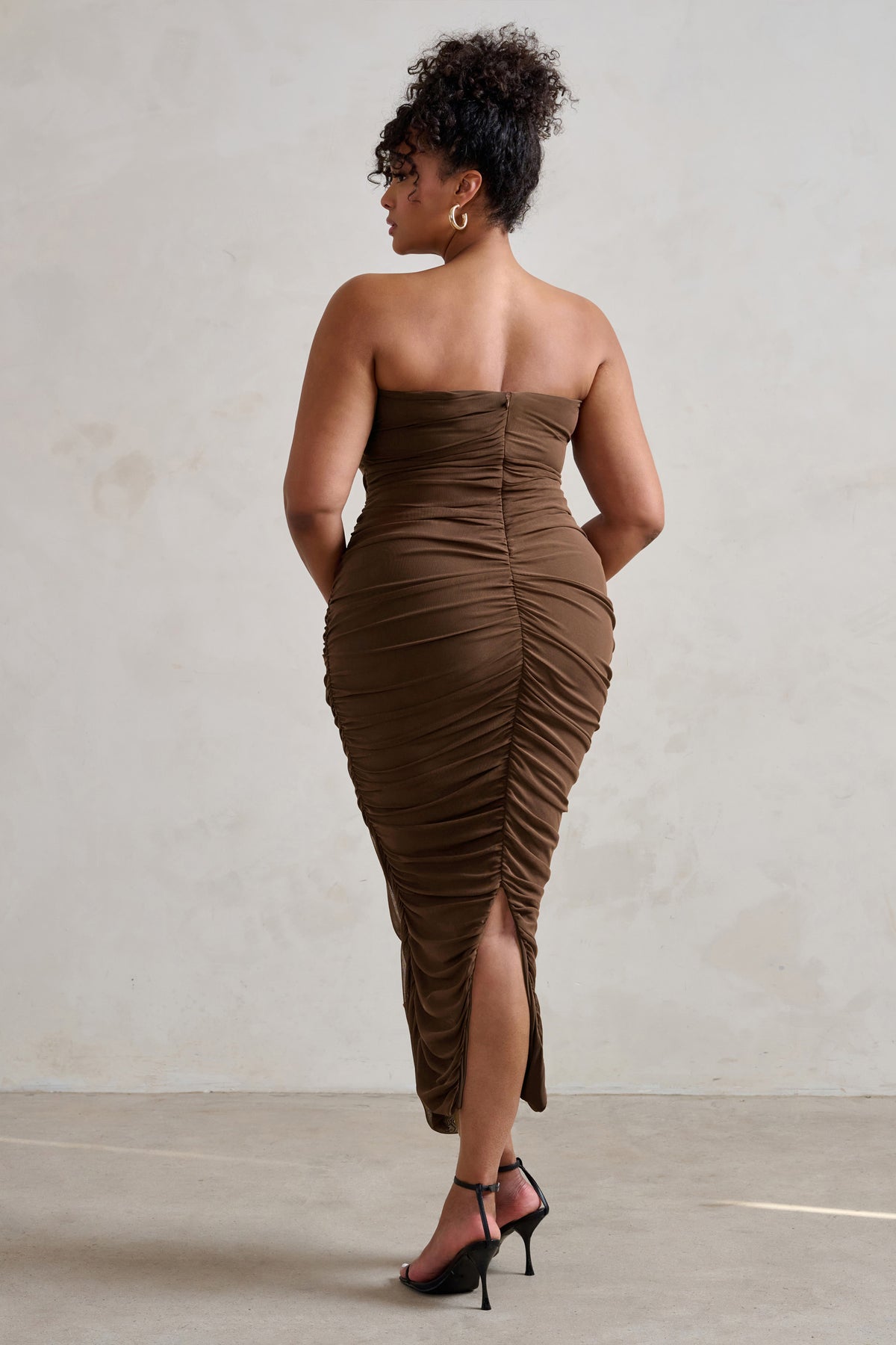 My Lady Chocolate Brown Strapless Bodycon Ruched Mesh Maxi Dress – Club