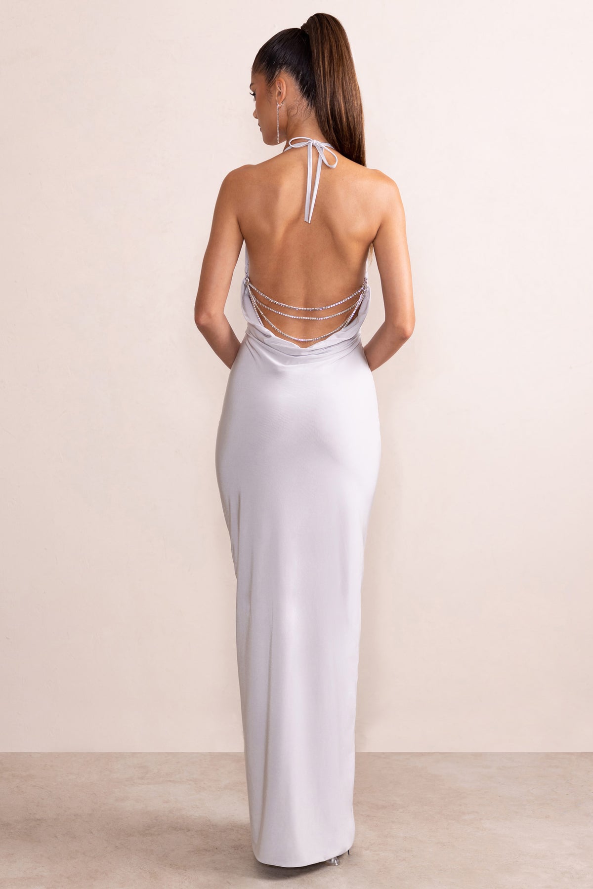 Amira Silver Plunge Neck Cowl Back Maxi Dress With Diamante Trim – Club L  London - UK
