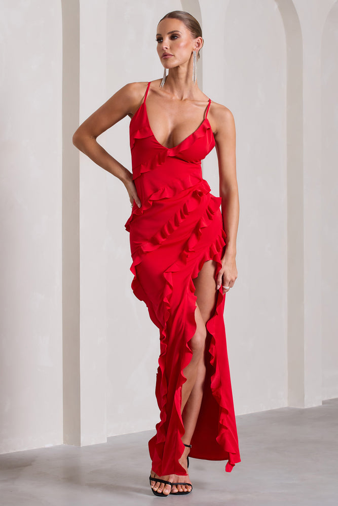 Red ruffle hot sale high low dress