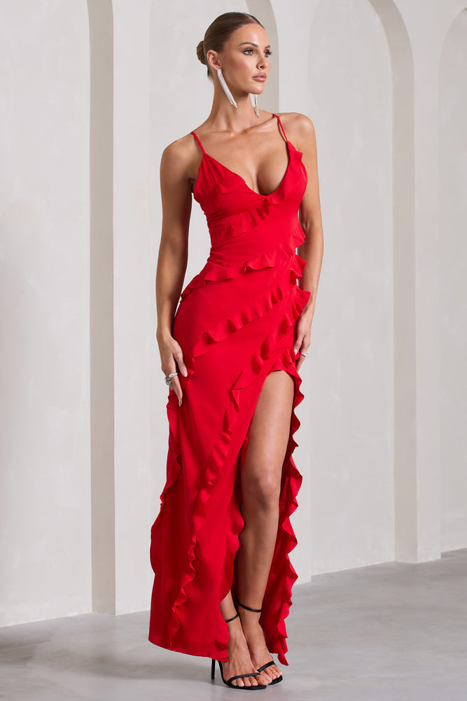 Susan Red Bandeau Maxi Dress With Ruffled Splits – Club L London - USA