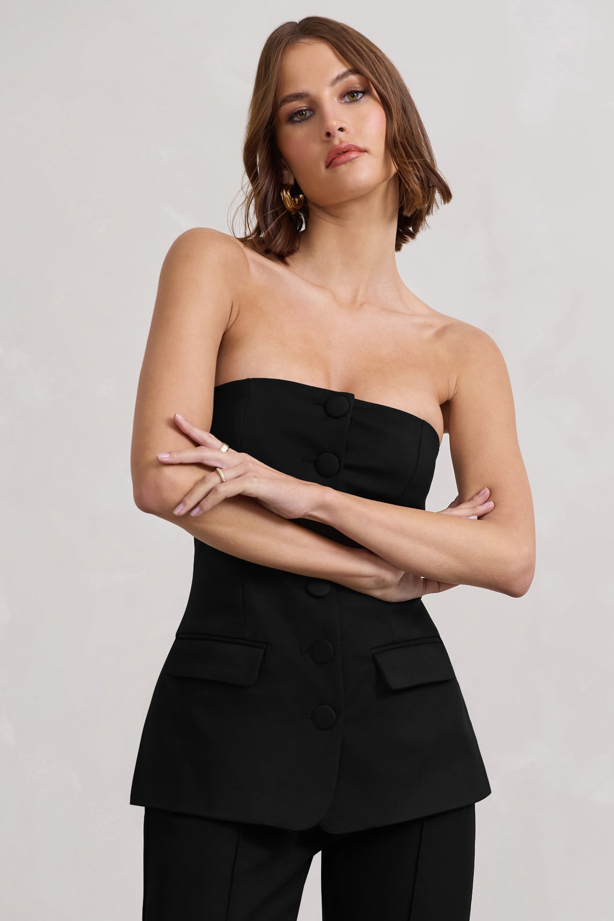 Elliana Black Strapless Button Front Tailored Top – Club L London - UK