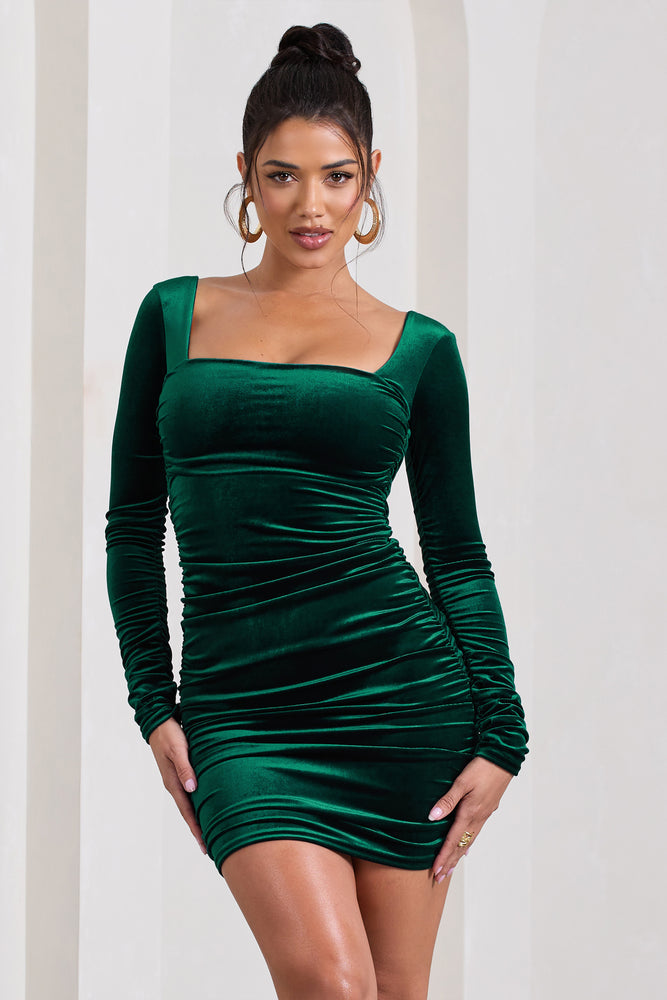 Muse Bottle Green Velvet Long Sleeve Square Neck Ruched Mini Dress ...