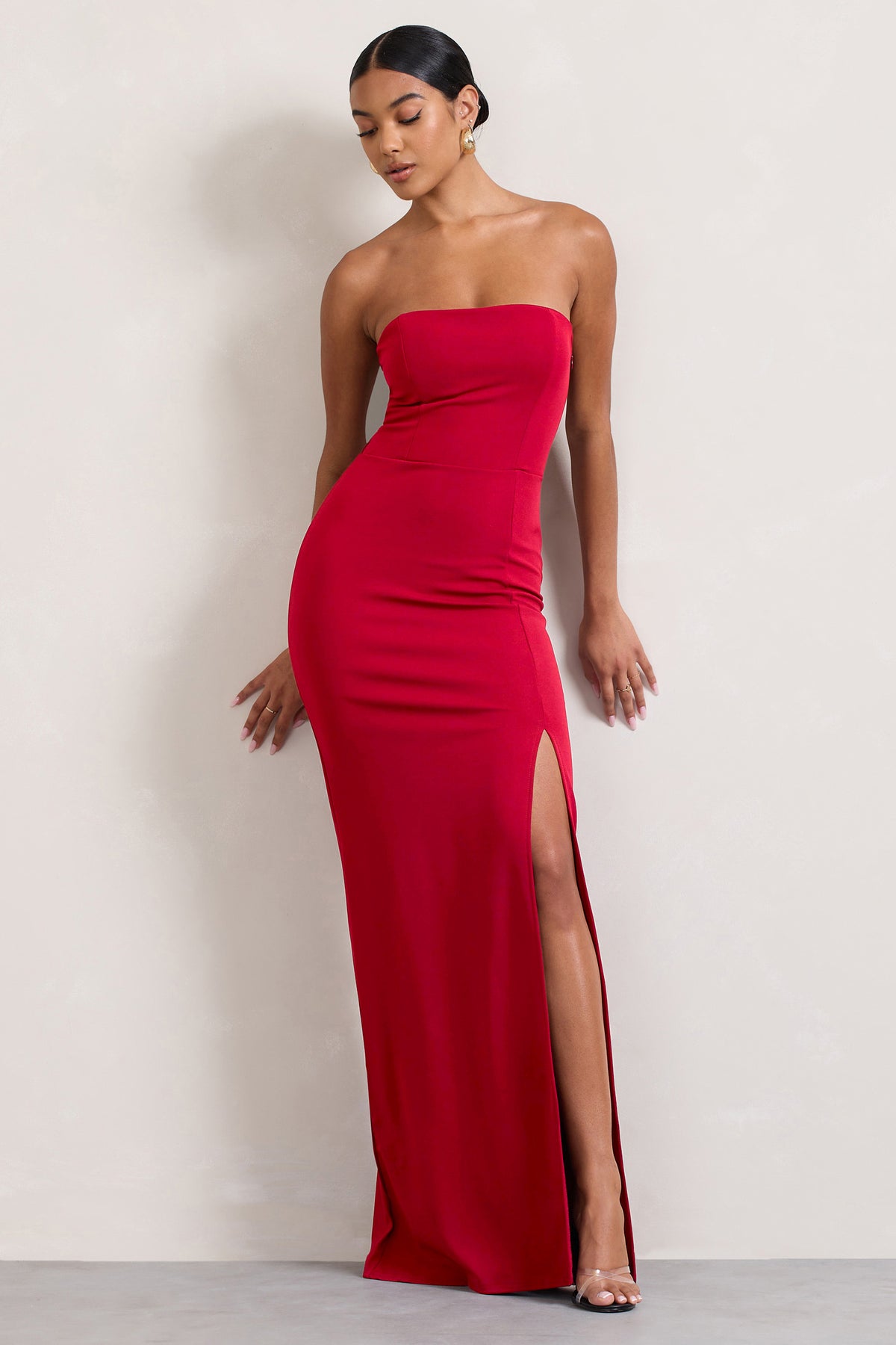 Belle of The Ball Red Bandeau Maxi Dress With Split Hem – Club L London - UK